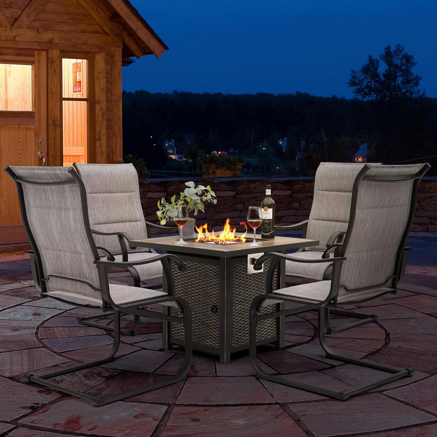 NUU GARDEN 5-Piece Fire Pit Table Set with 4 Textilene Dining Chairs for Patio Outdoor, 50,000 BTU Patio Metal Fire Pit, Lava Rocks and Lid for Backyard, Deck, Poolside, Garden