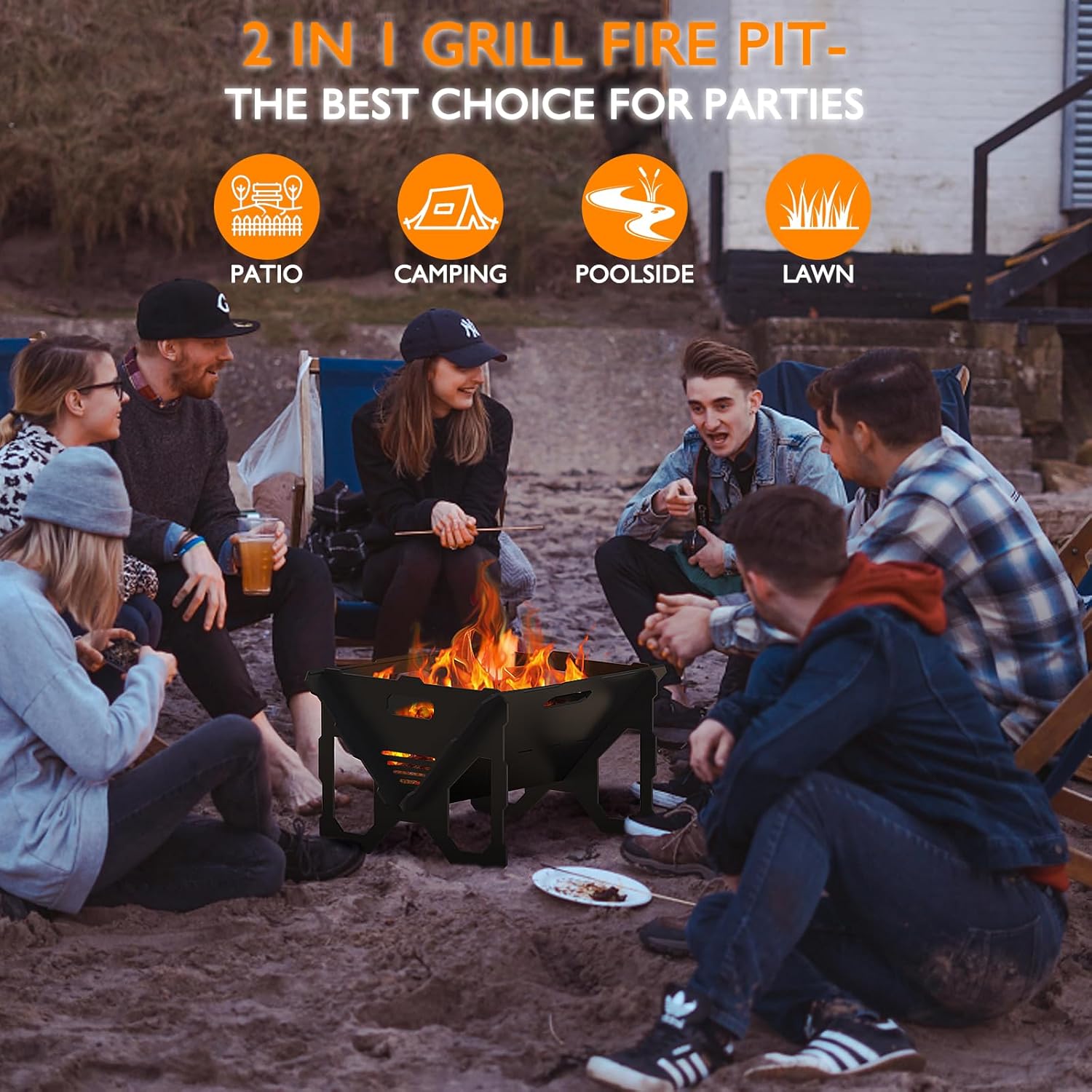 ACCPO Fire Pit 20 inch Outdoor Portable 2 in 1 Wood Burning Fire Pit Heavy Duty Steel Fire Pit for Patio & Backyard Bonfire BBQ Camping Grill Grate (Black)