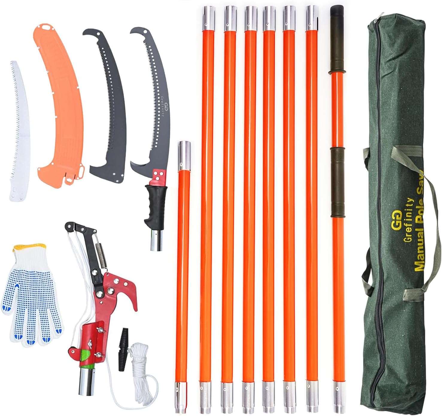 Pole Saws for Tree Trimming, 27 FT Manual tree purner with 8 Fiberglass Handles, Sharp steel Blade and Scissors, Easy to Carry and Lightweight Extendable Design for Tree Maintenance, Orange