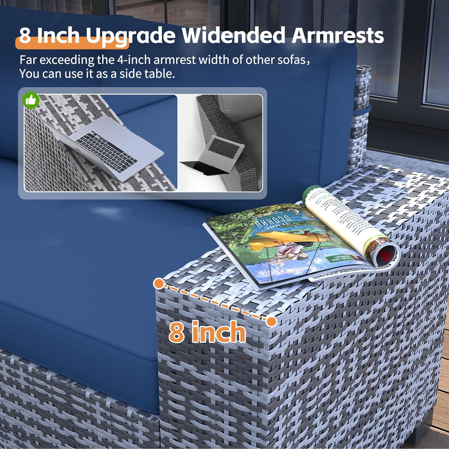 UDPATIO 13 Piece Patio Furniture Set with Fire Pit Table, 8''Wide Armrest Modular Rattan Outdoor Sectional Sofa Set,Wicker Patio Conversation Sets for Backyard,Deck w/ 4'' Cushions,Cover(Grey/Blue)