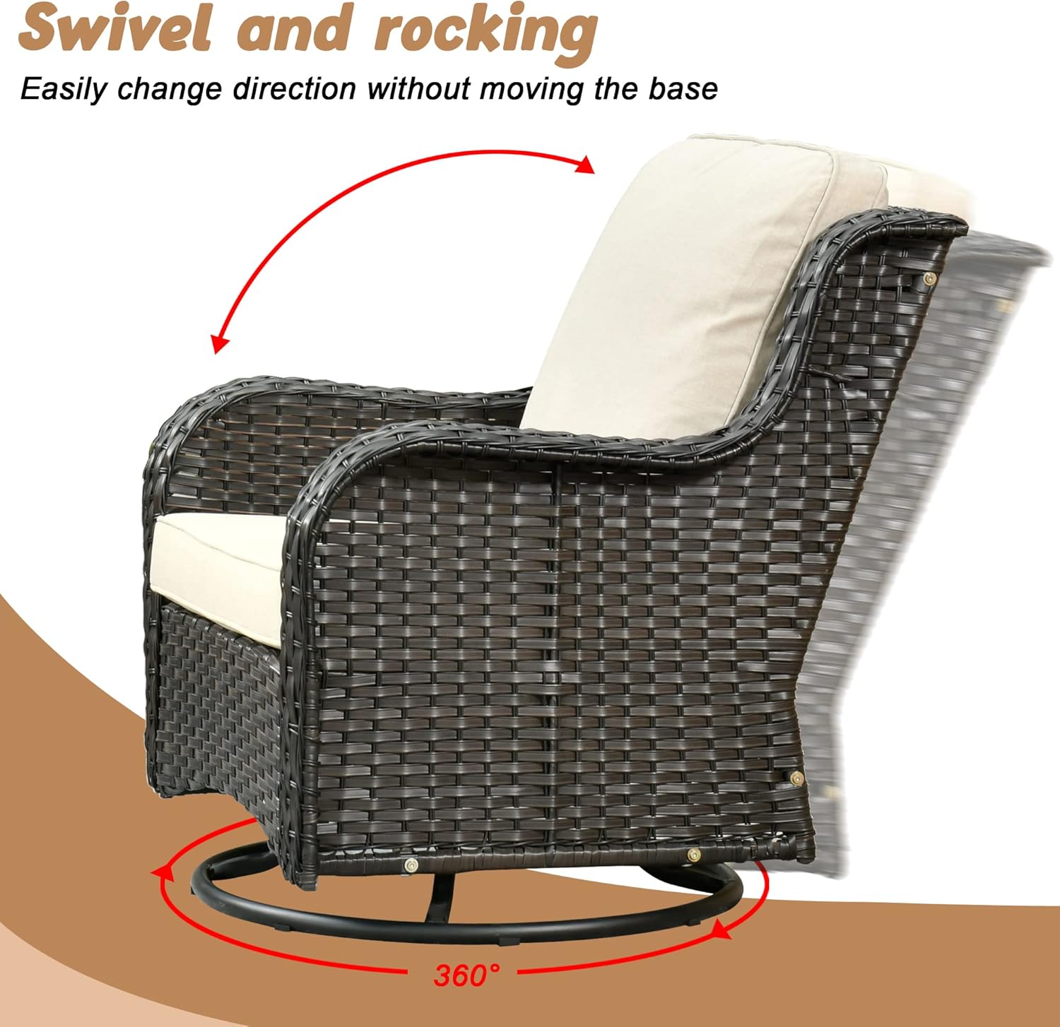 HOOOWOOO Patio Outdoor Furniture Set with Propane Fire Pit Table Swivel Chair,9 Piece Modern Wicker Couch Sofa, Outside Summer Conversation Seating Ottoman Set(Beige Tan)