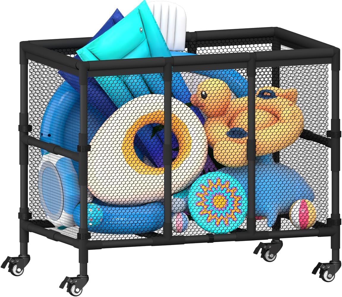 180 Gallon Pool Noodles Holder, Swimming Pool Storage Bin for Swimming Acessories, Outdoor Rolling Pool Toy Organizer Cart for Floaties, Life Vests, Beach Essentials, Patio Furniture, Black
