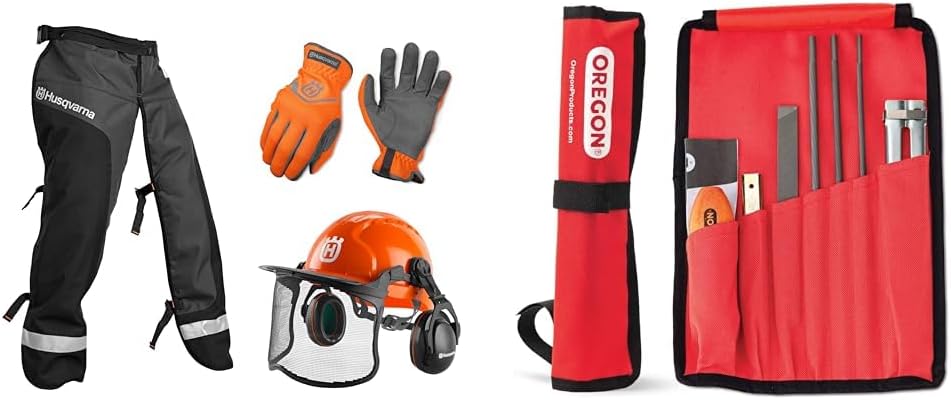 Husqvarna Classic Personal Protective Power Kit with Chainsaw Chaps & Oregon Universal Chainsaw Field 7pc Sharpening Kit - Includes 5/32-Inch, 3/16-Inch