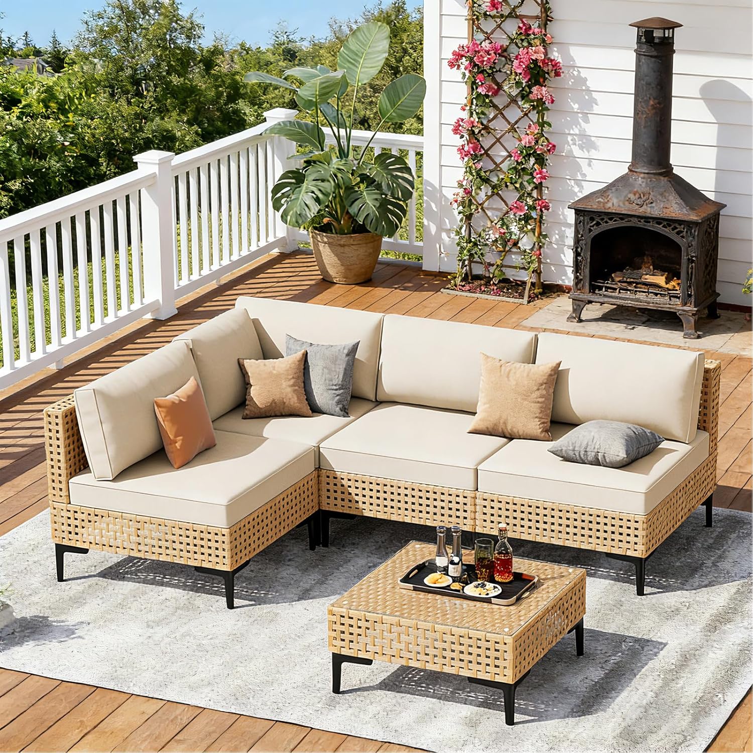 ABCASA Patio Furniture Set, 5-Piece Wicker Outdoor Patio Furniture Sets with Coffee Table,Boho Patio Conversation Set Sectional Sofa with All-Weather Cushions for Backyard,Porch,Beige