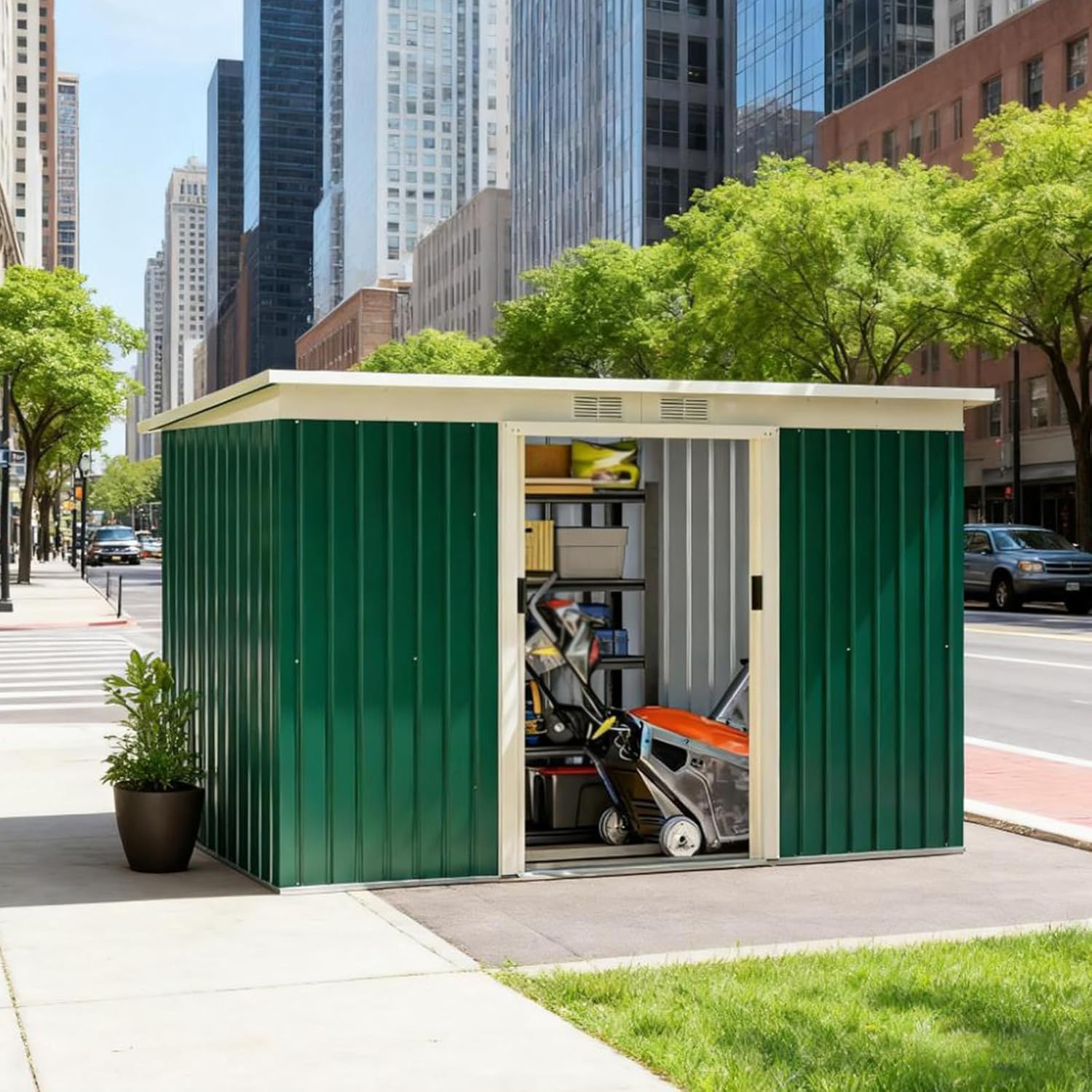5x9 FT Outdoor Storage Shed, Large Metal Tool House Garden Storage Shed, Updated Frame Structure with Ventilation Opening and Lockable Sliding Door, for Garden, Patio (Green C)