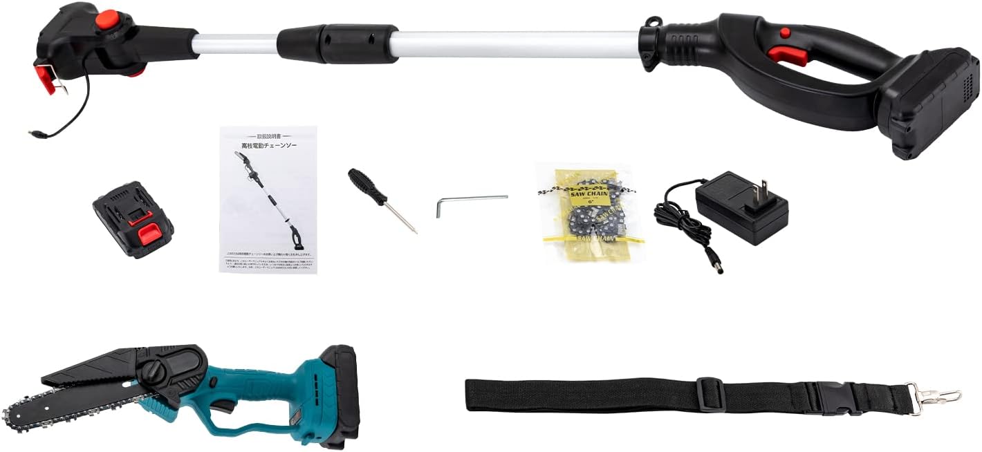 2-In-1 Cordless Electric Pole Saw, 750W High Branch Handheld Chainsaw Li-Ion Battery, W/Battery Charger, Rechargeable Adjustable Speed Tree Strimmer Pruner Hedge Cutter for Tree Trimming