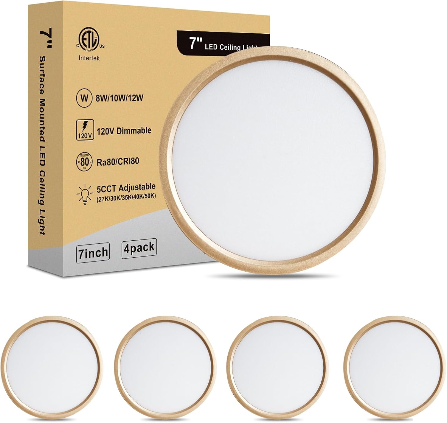 7 Inch LED Ceiling Light - Ultra Slim 0.67 Inch, Round Flat Ceiling Lamps Dimmable, 2700K/3000K/3500K/4000K/5000K Selectable LED Ceiling Lights for Bathroom Basement, 7 Inch 4Pack Gold