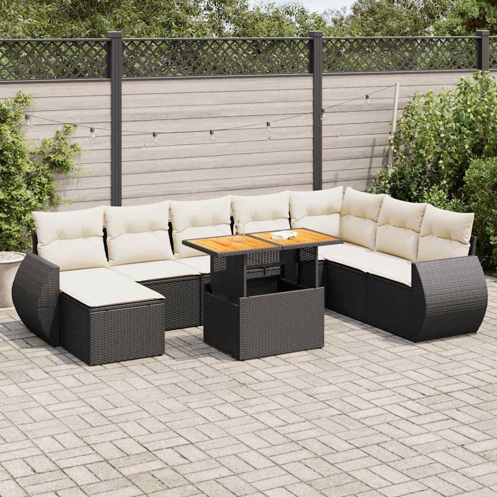 9-Piece Garden Sofa Set Black PE Rattan Outdoor Furniture with Cream Cushions Modular Design Weather-Resistant for Patio Lounge