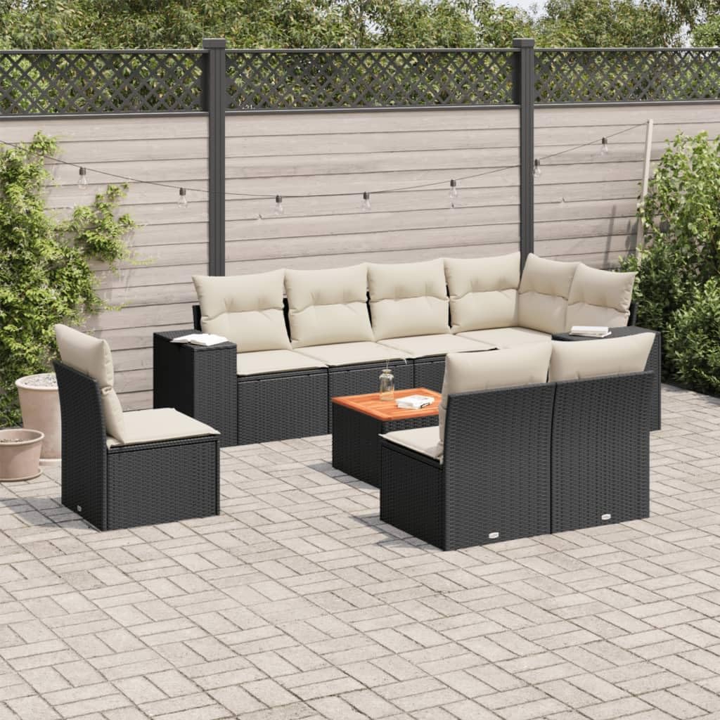 9 Piece Garden Sofa Set with Black Poly Rattan and Cream Cushions, Modular Outdoor Furniture for Patio, Water-Resistant Storage, Sturdy Steel Frame, Acacia Wood Table,