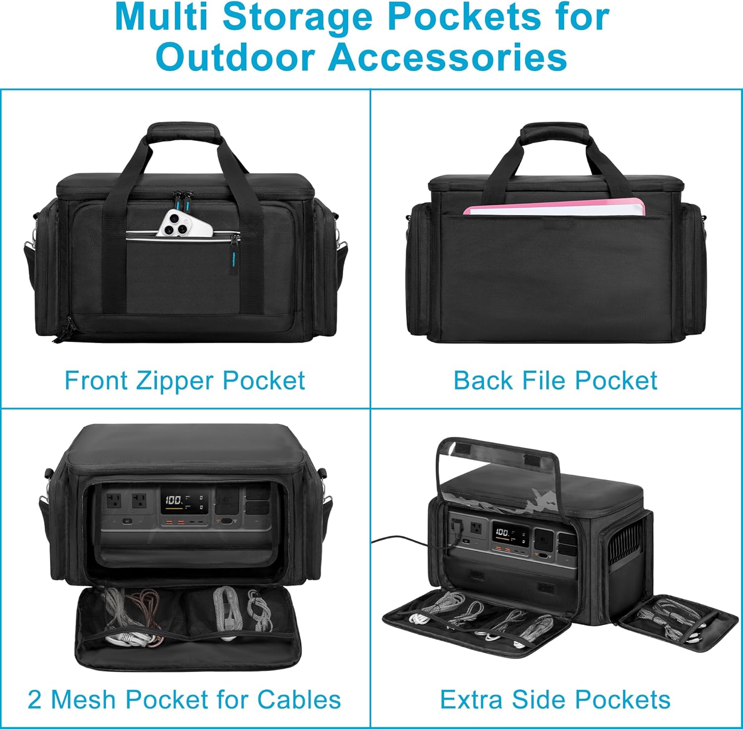 Trunab Portable Station Carrying Case Compatible with DJI 1000 Power Station Generator, Protective Shoulder Bag with Transparent Front Panel and Heat-Dissipating Side Zippers,Black