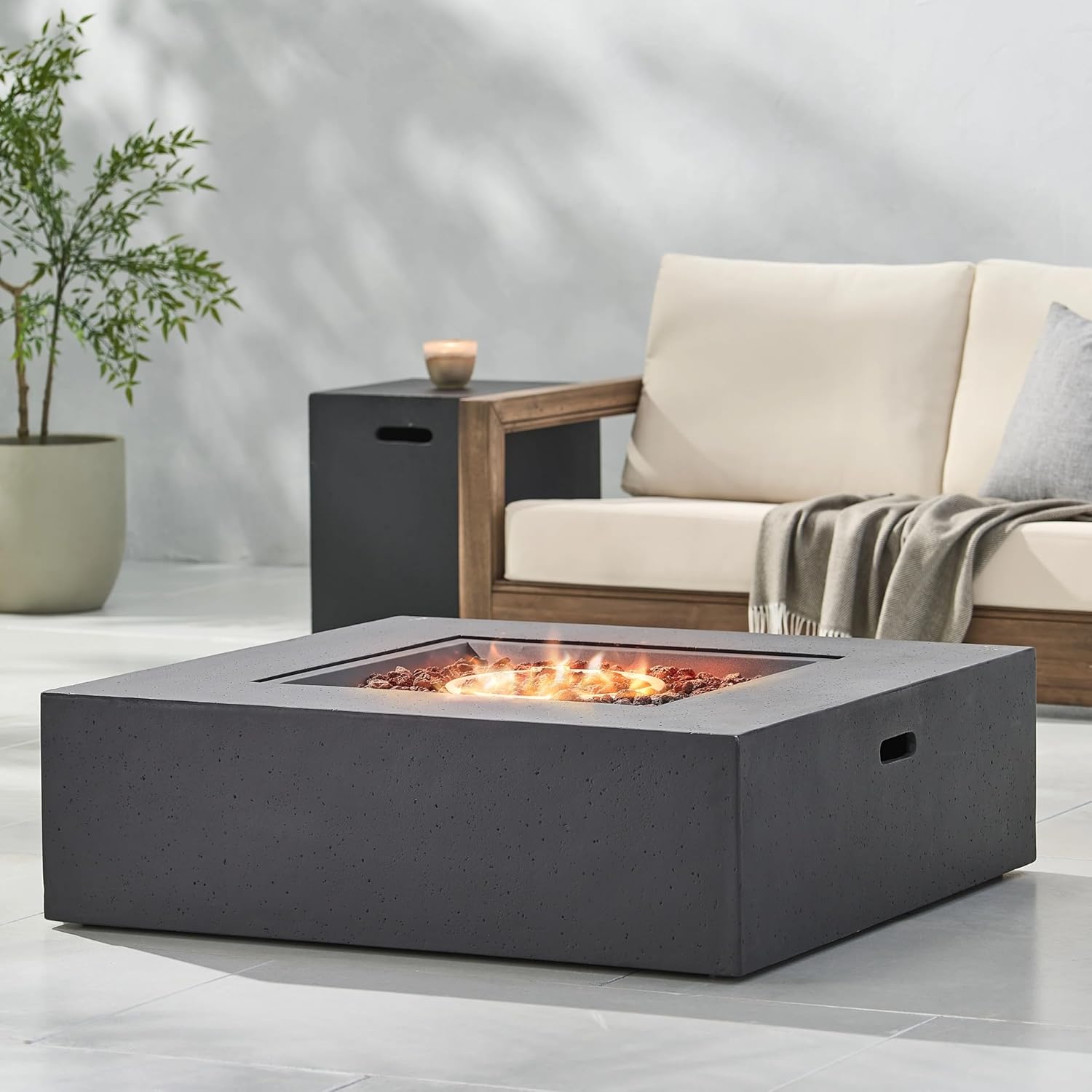 Penau Outdoor 50000 BTU Propane Fire Pit, Modern Dark Gray Concrete Square Firepit with Tank Holder, No Assembly Required, 39.25 x 39.25 x 11.47 Inchs