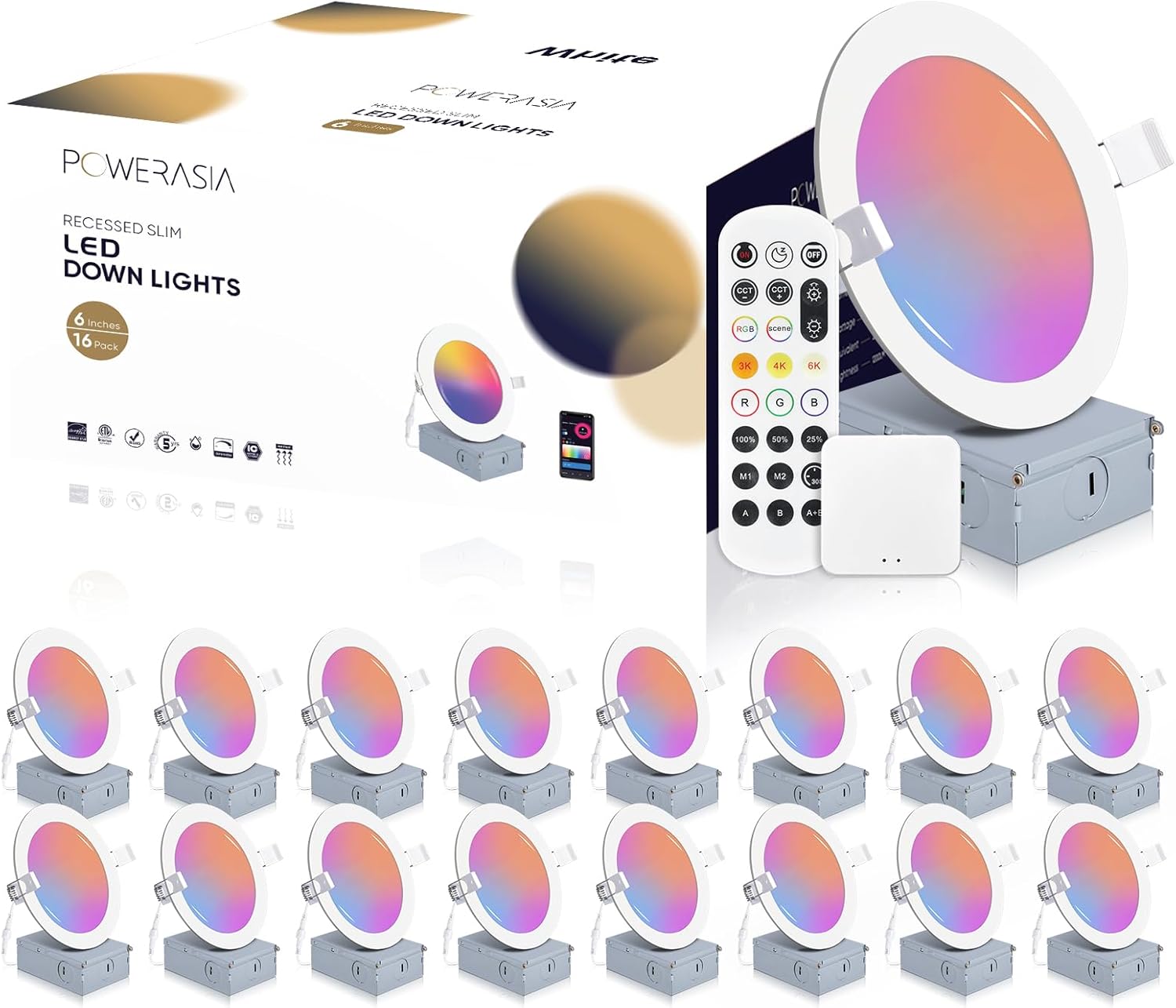 16 Pack Smart Recessed Lighting 6 Inch, Ultra-Thin LED Recessed Lighting 12W 1200LM Smart Downlight with Junction Box, Compatible with Alexa/Google Assistant, Hub Included - ETL and Energy Star