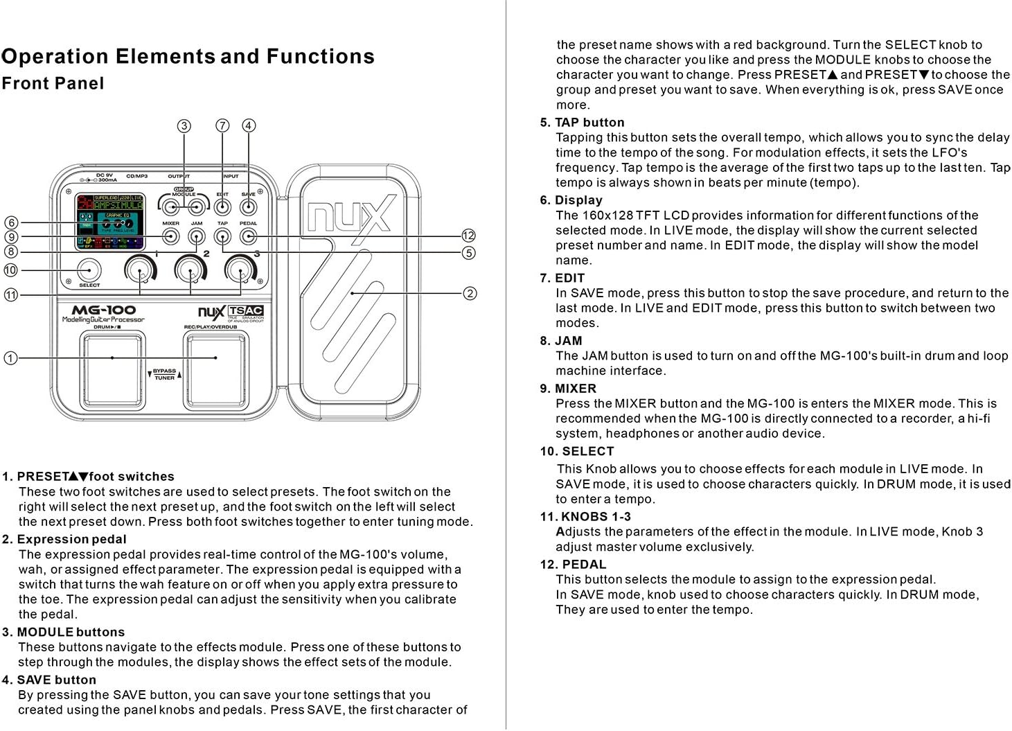 NUX MG-100 Electric Guitar Multi-Effects Pedal Processor EFX AMP EQ Mixer