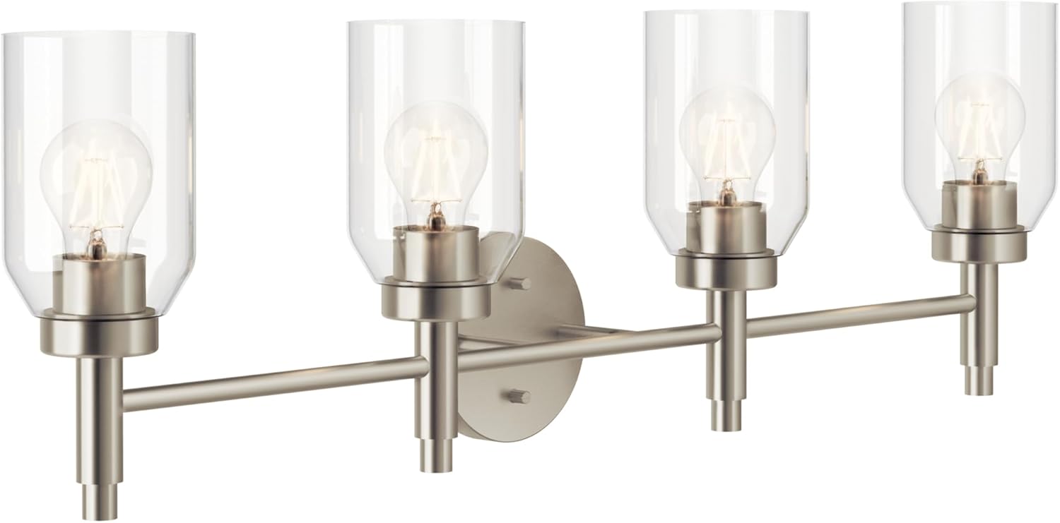 Kichler Madden 4-Light Vanity with Clear Glass in Brushed Nickel, Sloped Ceiling Compatible, for Single or Double Vanity in Bathroom (10.5