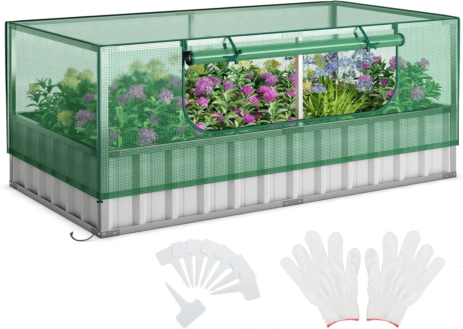 Galvanized Raised Garden Bed with Greenhouse, 69”x36”x28” Metal Planter Box with Roll Up Window, Flower Bed for Home Outdoor Growing Vegetable, 1 Pair of Gloves, 8 PCS Tags Included