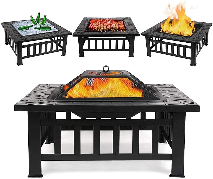 3 in 1 Fire Pit with BBQ Grill Shelf,Spark Guard Lid & Hand Tool for Outdoor Metal Brazier Firepit Heater/BBQ/Ice Pit