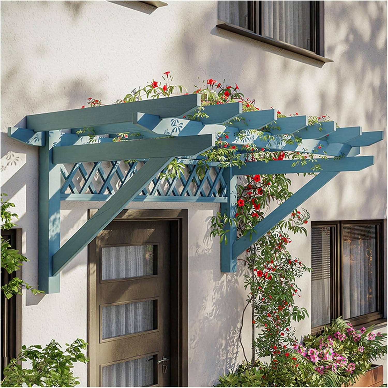 Wood Window Awning Door Canopy Patio Shelter Wall Mounted, Grapes Vines Trellis Heavy Duty, Garden Arbors for Outdoor Yard Balcony(Blue,19.6ft L x 6.56ft W)