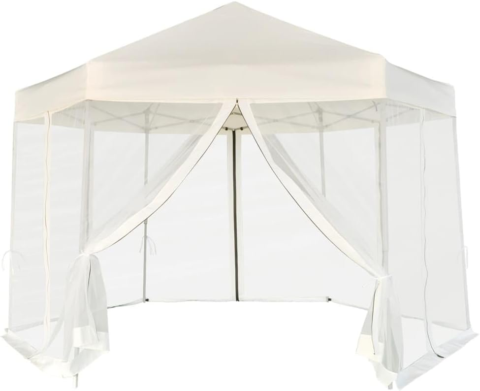 Outdoor Canopy Tent Party Tent Hexagonal Pop-Up Marquee with 6 Sidewalls Cream White 11.8'x10.2'
