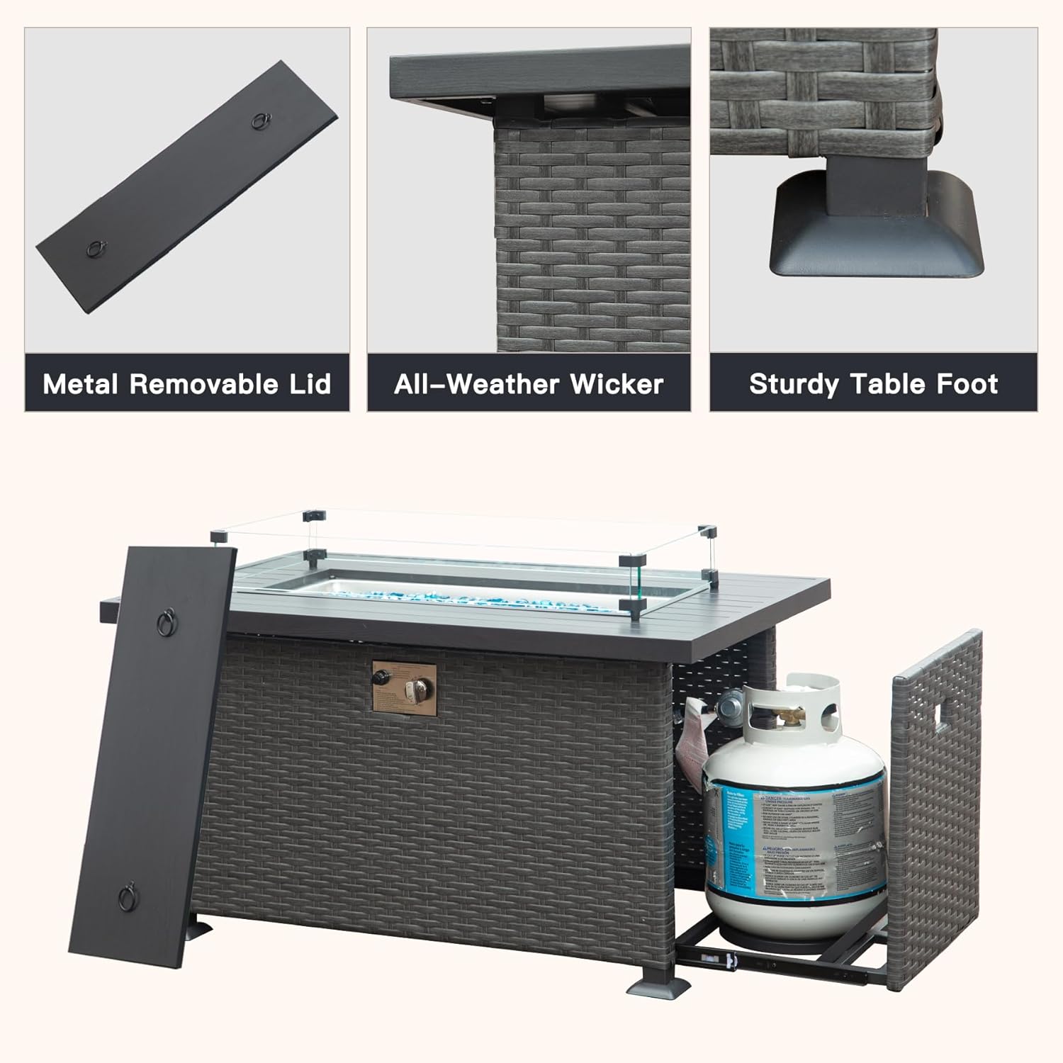 Domi 43’’ Wicker Patio Propane Gas Fire Pit Table 50,000 BTU CSA Certified Fire Table with Aluminium Wooden-Like Tabletop, Glass Wind Guard, Waterproof Cover Patio Backyard Garden Outdoor Indoor