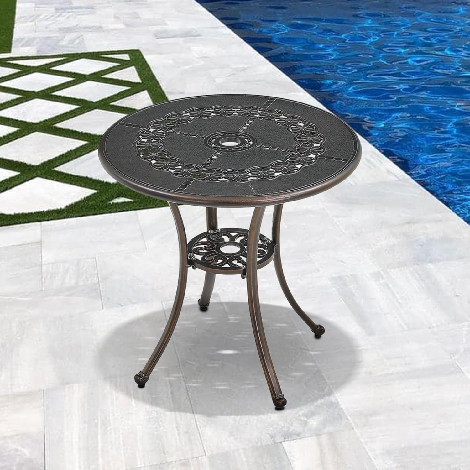 Clihome Round Patio Table with Umbrella Hole Outdoor Side Table Cast Aluminum Patio Dining Table Bistro Table Patio Side Table for Balcony, Porch, Backyard, Garden(Bronze) B