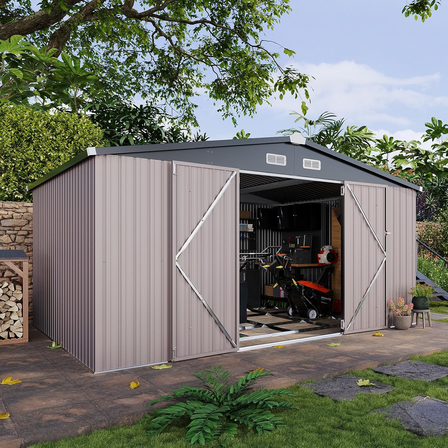 Outdoor Storage Shed with Base 10 x 12 ft, Metal Steel Utility Tool Shed Storage House with Lock and Door, for Backyard Garden Patio Lawn, Brown with Floor