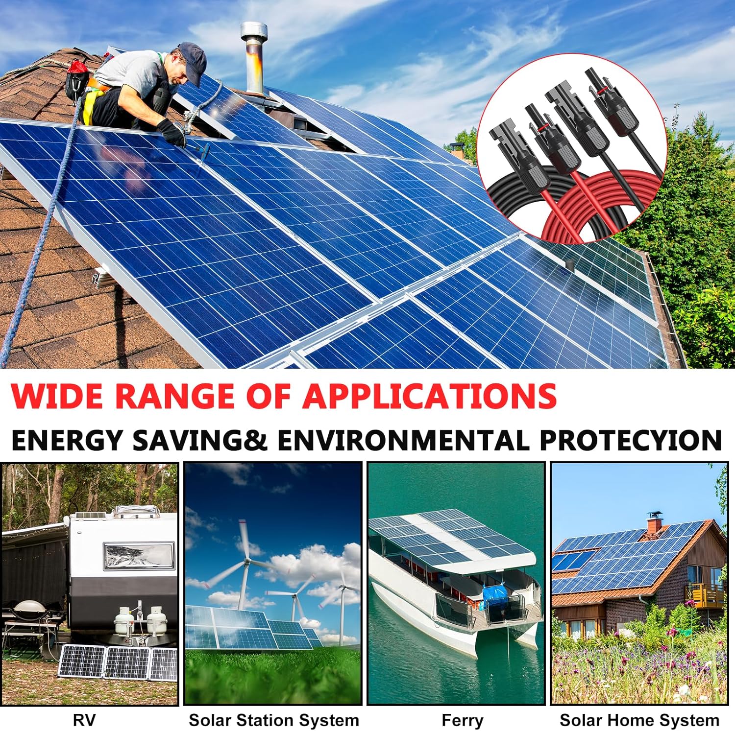 2x60 Feet Solar Panel Extension Cable, 10AWG Solar Cable, Solar Panel Cable with Female and Male Waterproof Connectors for RV, Photovoltaic Systems (60FT Red + 60FT Black)