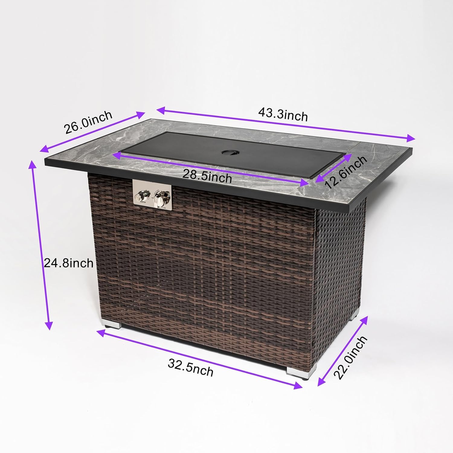 Penau 44inch Outdoor Fire Pit Table, Propane Fire Table with Ceramic Tabletop, 50000BTU Gas Fire Pit with Glass Rocks