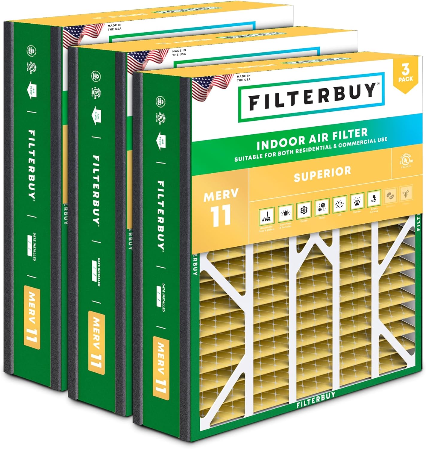 Filterbuy 20x20x5 Air Filter MERV 11 Superior Pet & Allergy Defense (3-Pack), Electrostatic Pleated HVAC AC Furnace Filters for Trion Air Bear 255649-103 & More (Actual Size: 19.63 x 20.63 x 4.88)