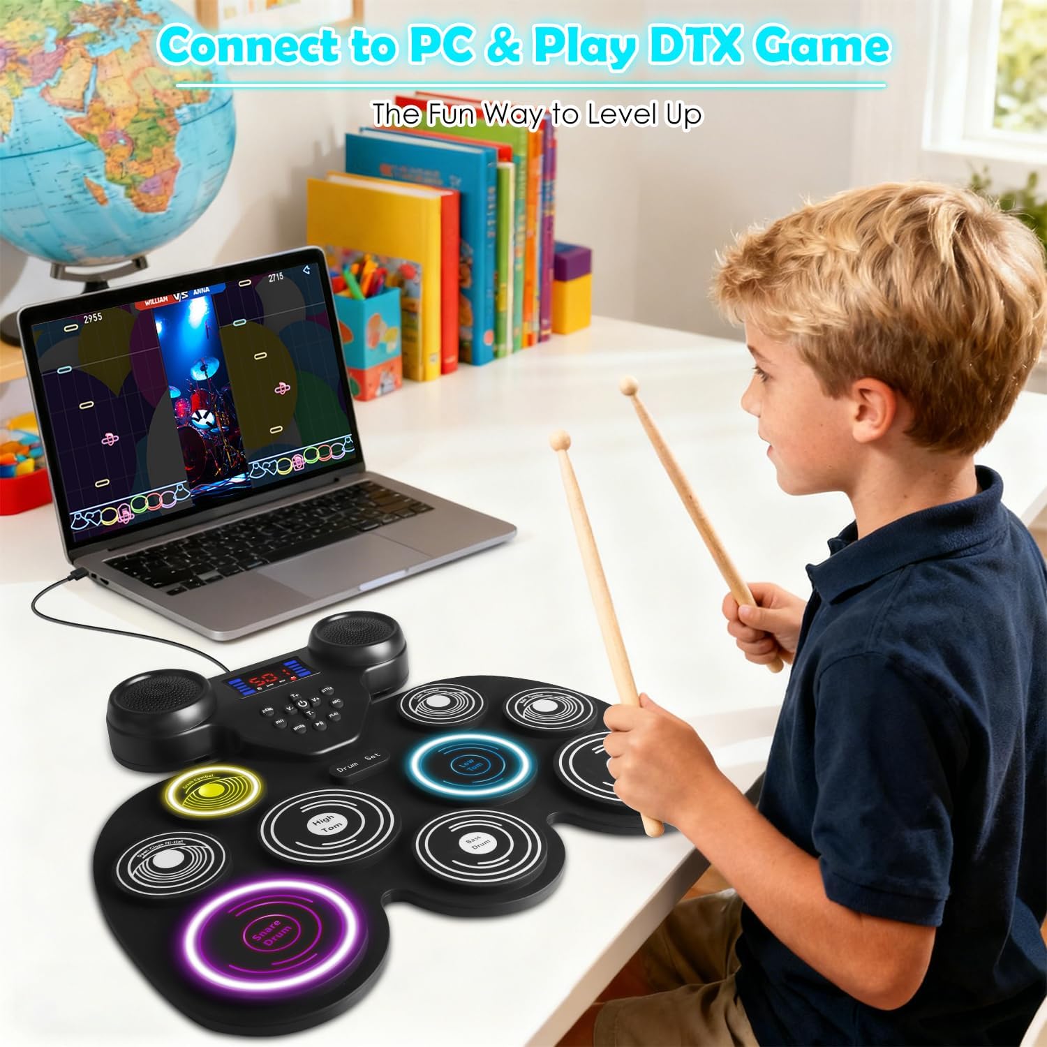 Electric Drum Set with 7-Color Dynamic LED Lights, 9-Pad Electronic Drum Set with Dual Speakers, Bluetooth MIDI, Portable Practice Drum Pad for Kids & Adult Beginners, Christmas Birthday Gift