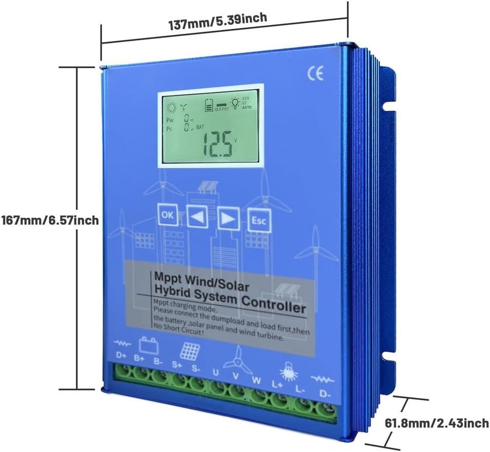 5000W 12V/24V/48V MPPT Wind Solar Hybrid Charge Controller, with Dump Load Wind Turbine Charge Controller for Solar Panel/Wind Turbine Generator Charger Battery
