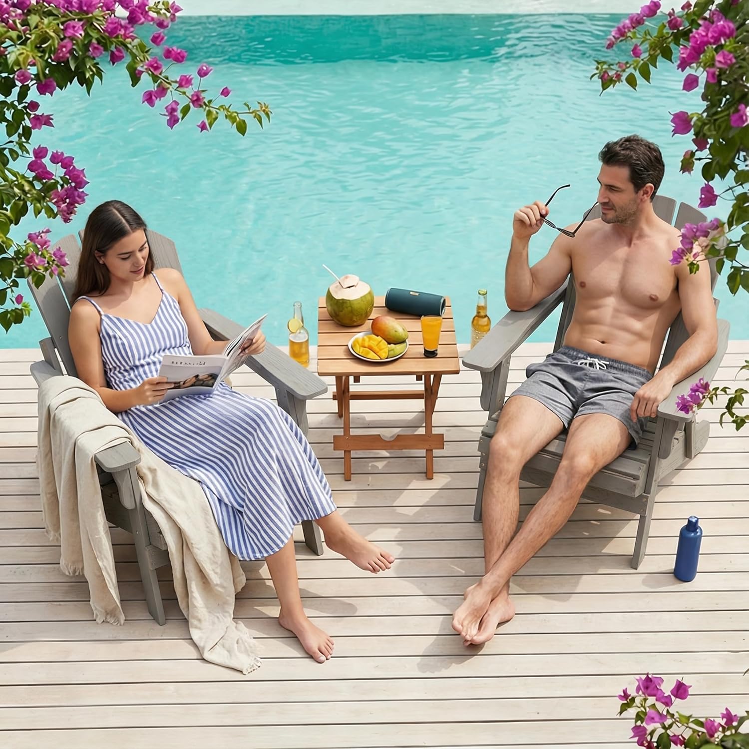 Folding Adirondack Chair, Solid Wood All-Weather Fire Pit Chairs with Pre-Assembled Backrest & Seat Board for Deck Backyard Patio Outdoor, Gray