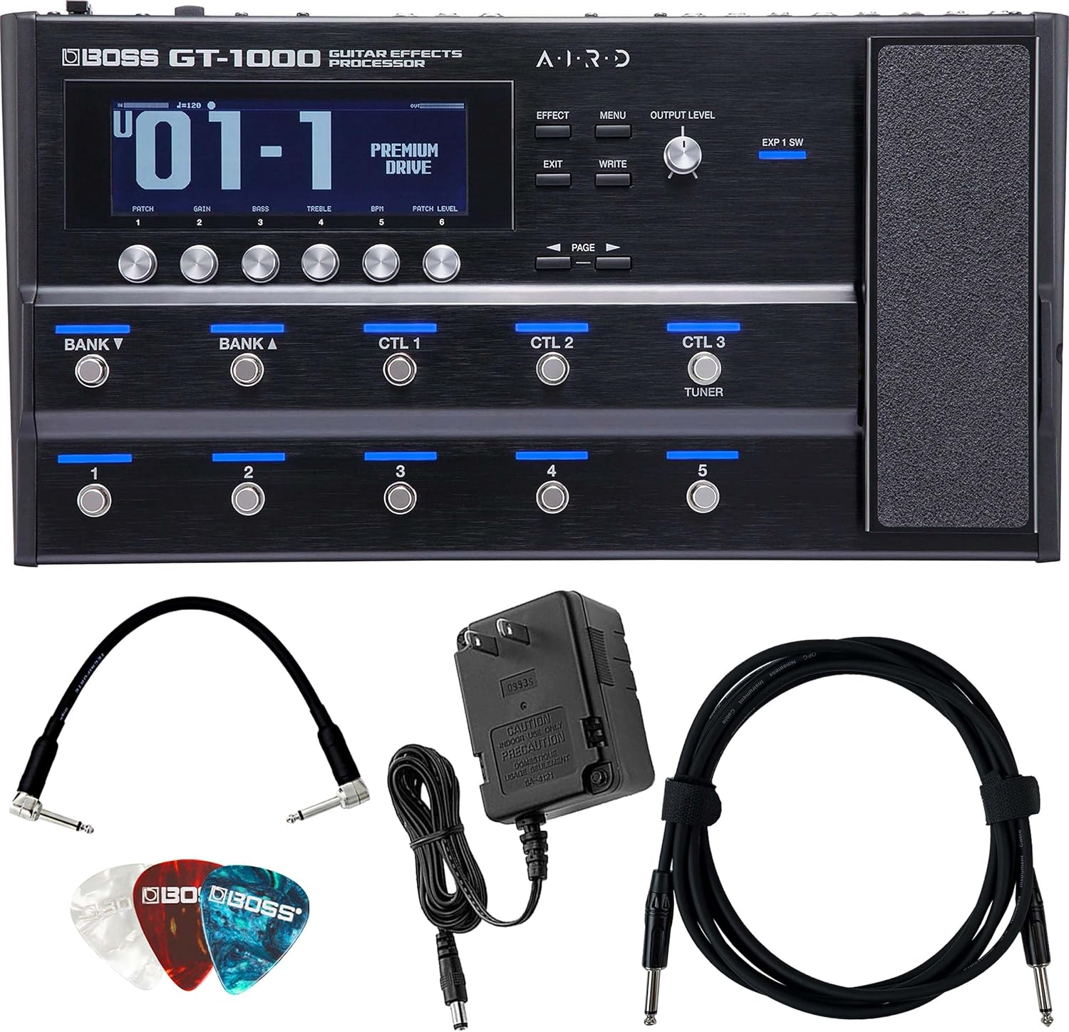 Boss GT-1000 Guitar Effects Processor Bundle with Gearlux Power Supply, Instrument Cable, Patch Cable, and Picks