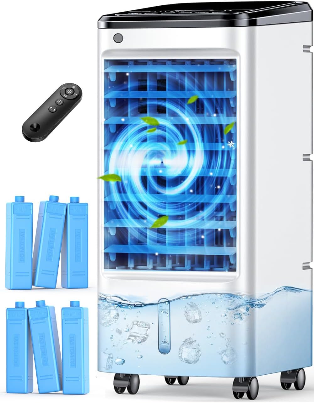 FANCOLE Windowless Portable Air Conditioners with 6 Ice Packs, 12H Smart Timer for Auto-off, 26Ft Remote, Top Fill Dual Tank, 3Speeds Evaporative Air Cooler, 65°Auto Swing Swamp Cooler Air Conditioner