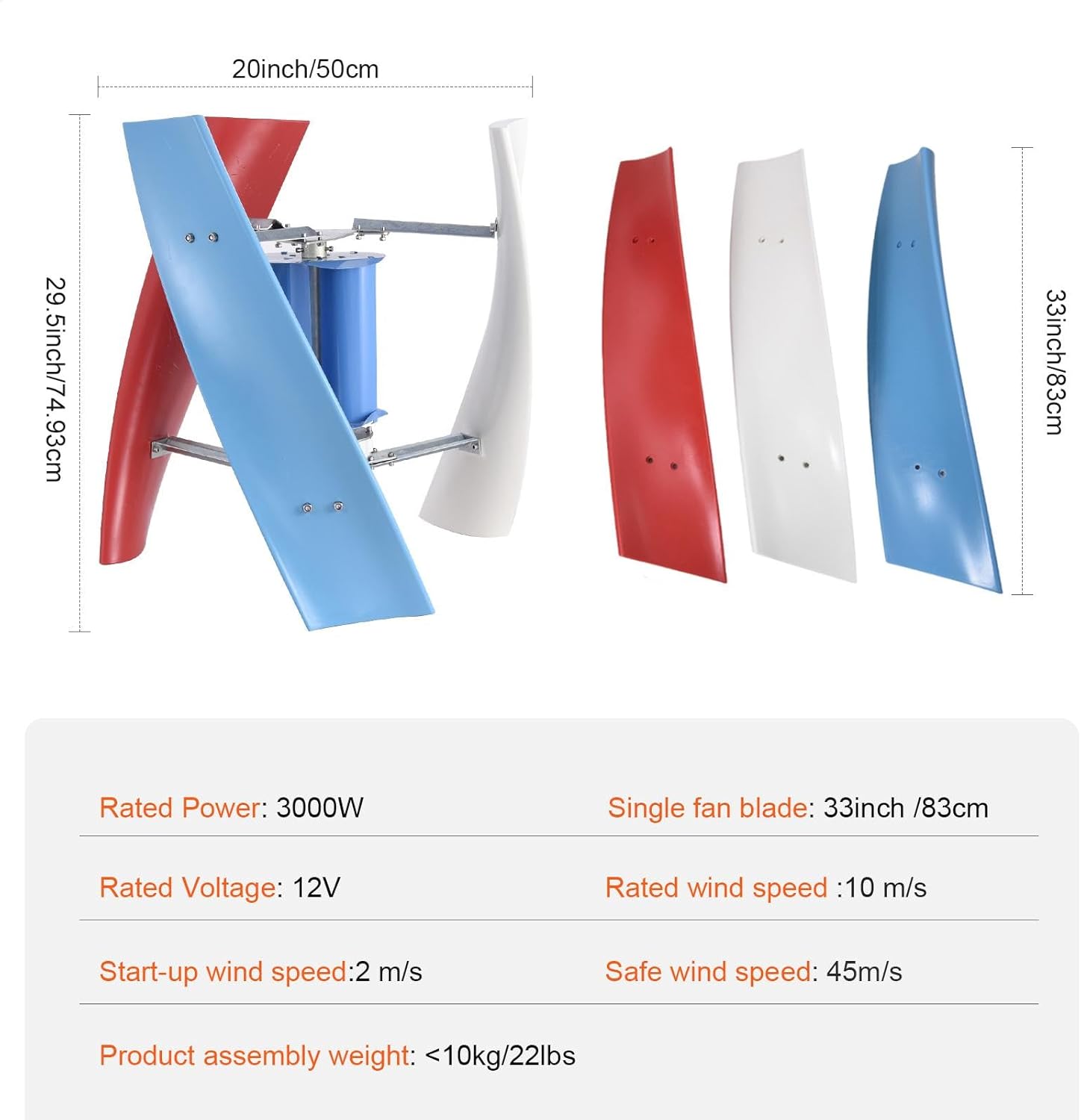 Home Wind Turbine - 3000W 12V 24V Vertical Wind Turbine - 3 Leaves, Safe, Quiet Small Windmill for Home, Farm, RVs, Boats, Street Lighting