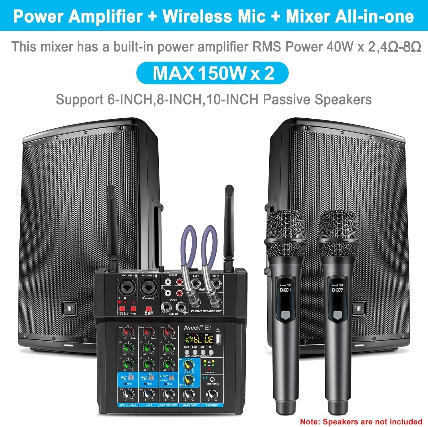 Aveek 150W x2 Powered Amplifier Audio Mixer,4 Channel with Dual Wireless Mic Sound Board Console MP3 Digital USB Bluetooth Computer Input 48V Phantom Power Stereo DJ Mixing for Karaoke Party