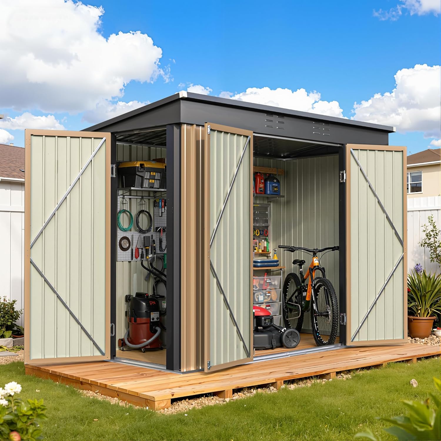 Greesum 8x4FT Outdoor Storage Shed, Metal Shed with Triple Lockable Door, Utility Tool Storaged Garden Shed with Slopping Roof for Patio Storage, Brown