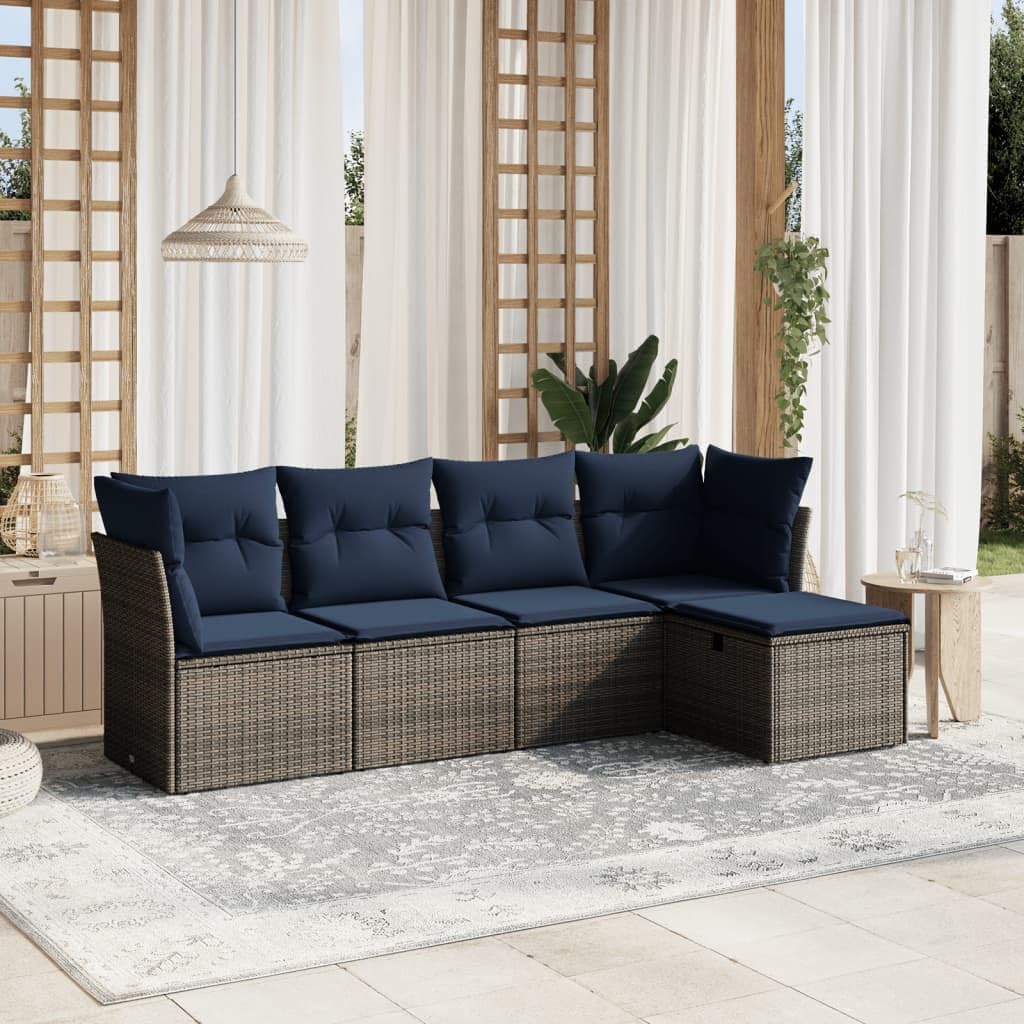 5 Piece Patio Sofa Set, Gray Poly Rattan Outdoor Furniture with Cushions, Modular Design for Garden Backyard Balcony, UV-Proof