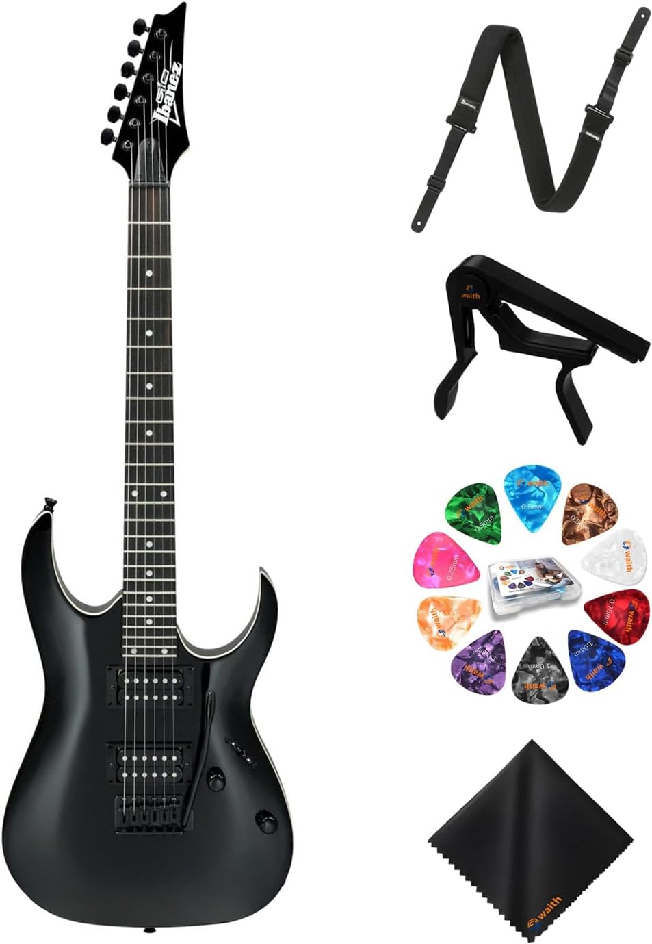 Ibanez 6-String Solid-Body Electric Guitar (Black Night) - Right Handed Bass with GSF50 Powerpad Strap, String Capo, 15 Pack Guitar Picks with Storage Box & Microfiber Cleaning Cloth (Bundle Set)
