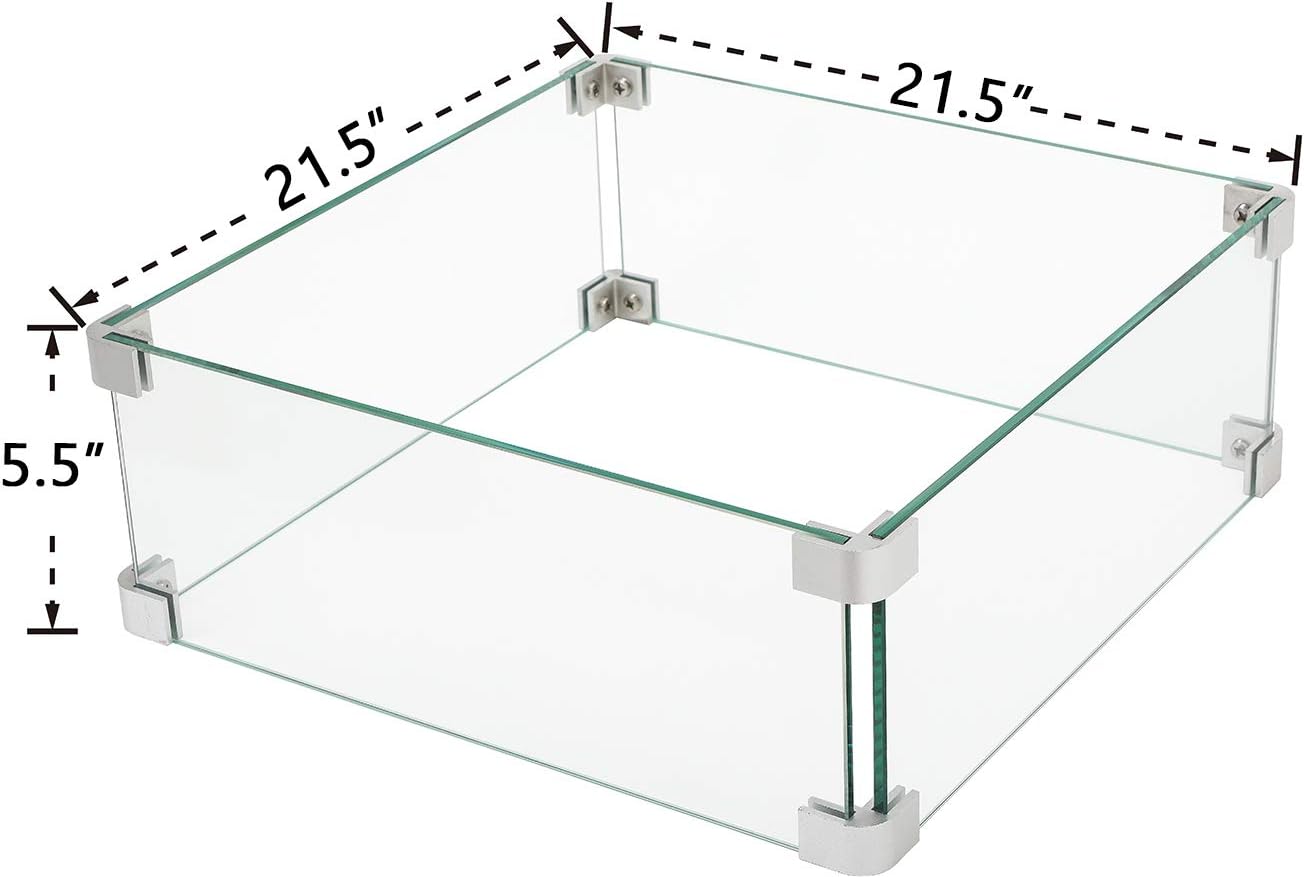 HOMPUS Square Glass Wind Guard, 21.5x21.5x5.5 inches Tempered Glass for Outdoor Fire Table