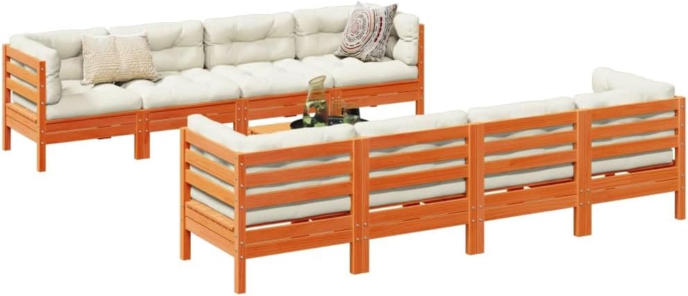9-Piece Garden Sofa Set, Wax Brown Solid Pine Wood, Cream Oxford Fabric, Modular Outdoor Patio Furniture for Backyard, Balcony, Deck