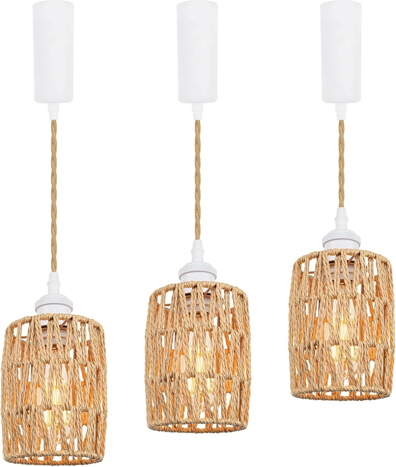 Adjustable Height Juno Track Lighting Pendants, 5 Ft Cord, J-Type Track Pendant Lights Twine Natural Rattan Shade, E26 Socket Track Mount for Bar Island 3 Lights