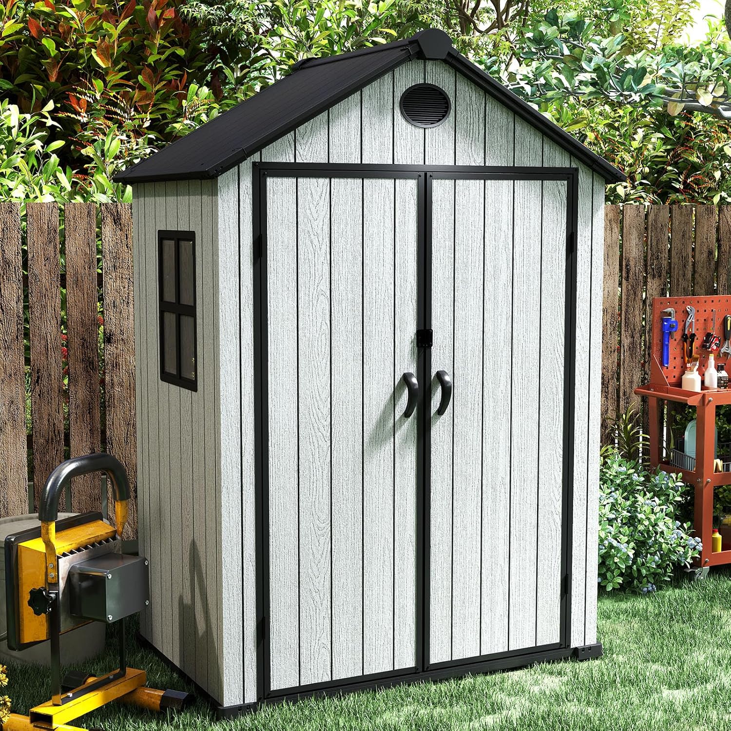 ZYJOYY 6 x 4 FT Shed Resin Outdoor Storage shed, 230 cuft Plastic Shed with Window and Lockable Door for Garden, Backyard, with Wood Texture, Grey