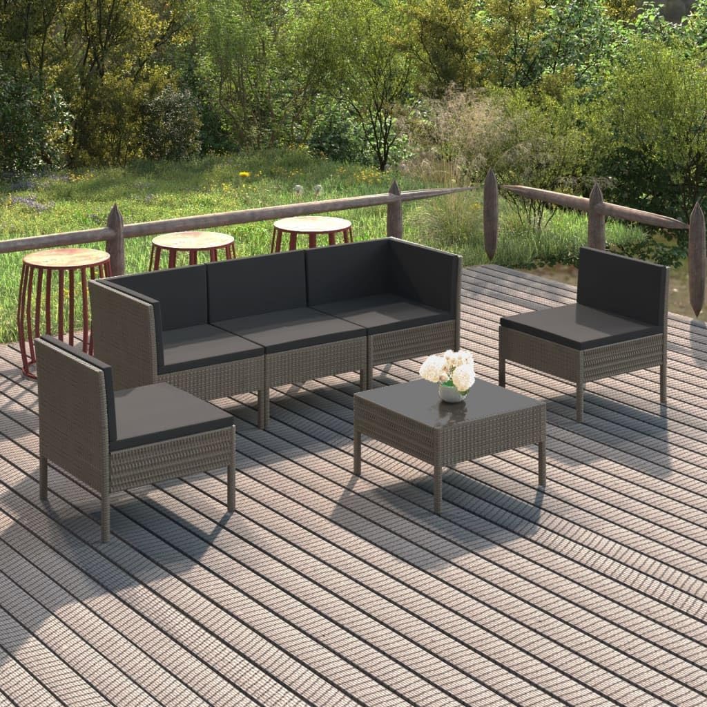 6 Piece Patio Lounge Set with Cushions Poly Rattan Gray,Gray Rattan and Steel Patio Lounge Set and Style Patio Furniture, Outdoor Furniture Sets