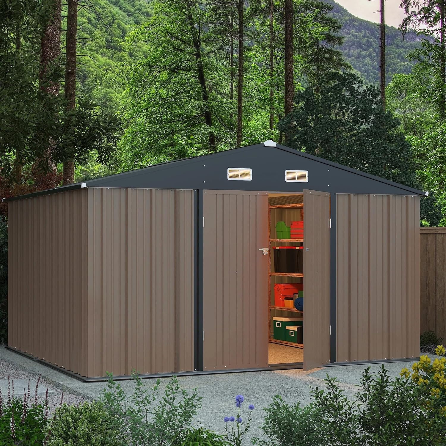 Greesum 10×8 FT Outdoor Storage Shed, Metal Storaged Sheds Without Floor, Tool Sheds with Lockable Doors and Slooping Roof for Garden, Patio, Backyard, Brown