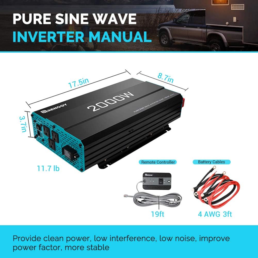 Renogy 2000W 12V Pure Sine Wave Battery Converter, ETL Listed with Built-in 5V/2.1A USB Port,and AC Hardwire Port Solar Power Inverter & Deep Cycle Agm Battery 12 Volt 200AH for RV, Solar, Gray