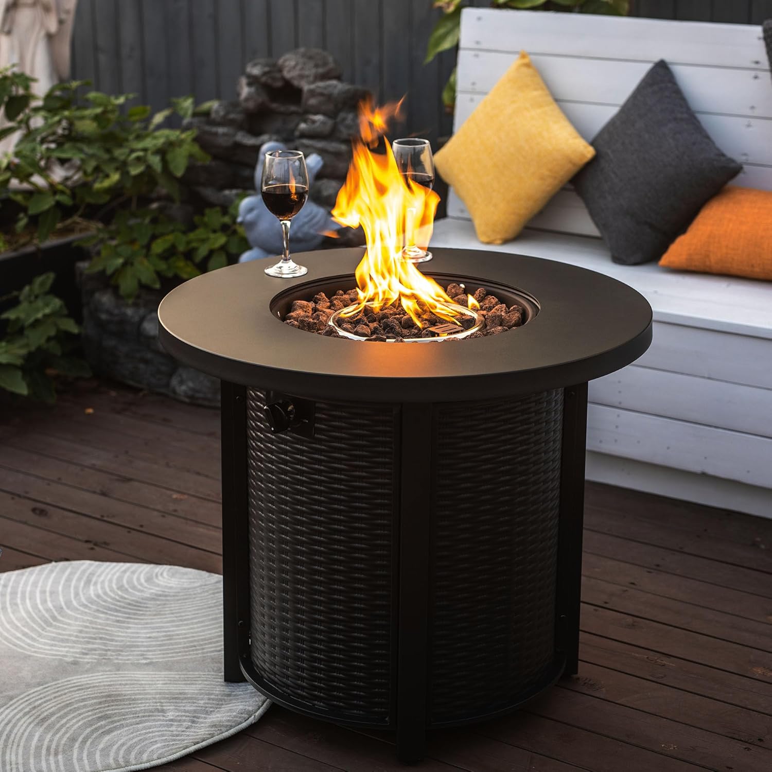 Modern 30-Inch Round Fire Pit Table in Classic Black, Durable Steel Propane Heater Delivers 50,000 BTU for Enhanced Outdoor Entertainment in Patio and Courtyard Settings