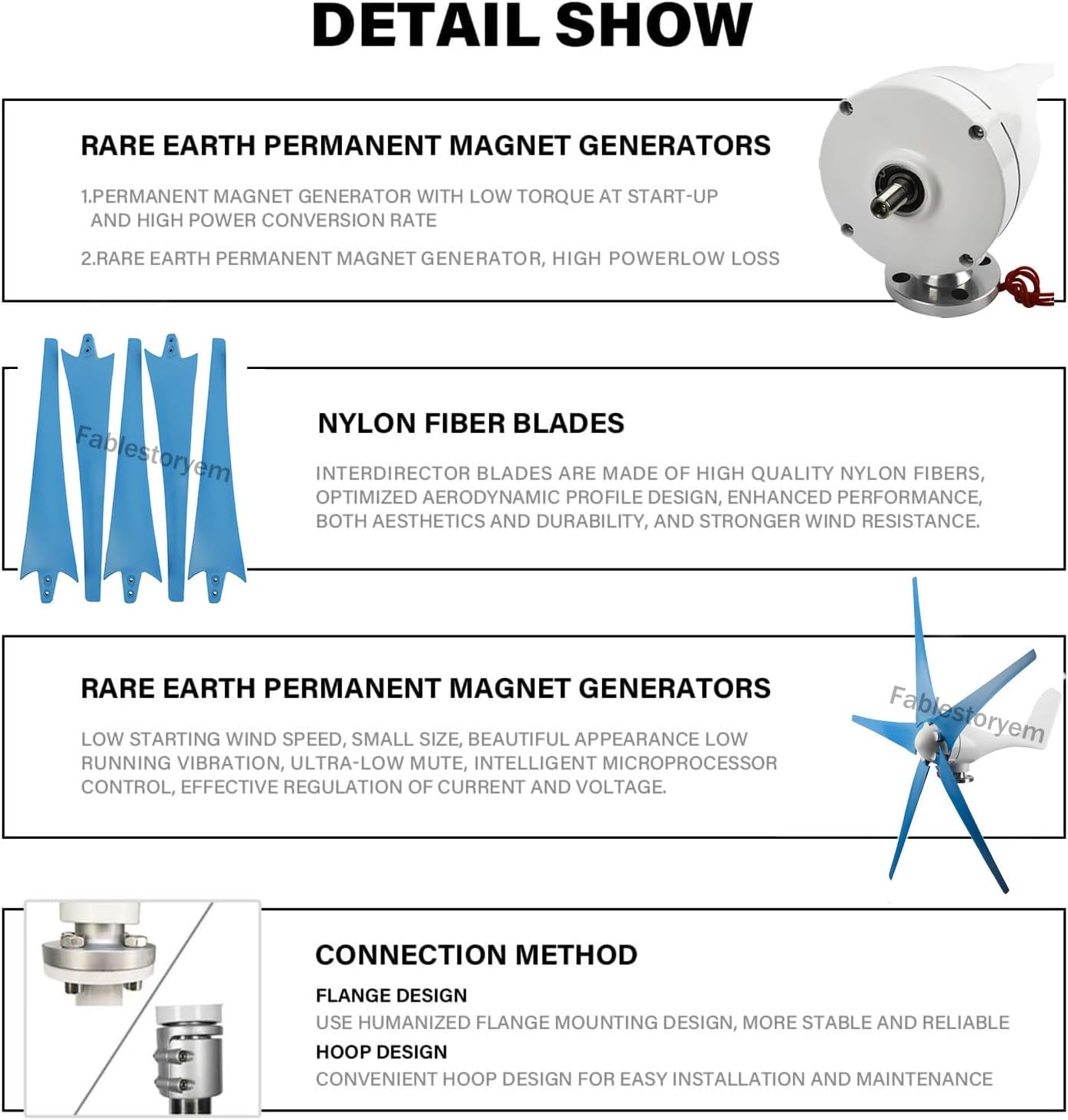 12000W Wind Turbine, DC 12V/24V/48V 5 Blade Wind Vertical Generator, 3 Phase AC Permanent Magnet Generator Wind Turbine Kit with MPPT Controller Suit for Hybrid Solar Wind-System,Blue-48V