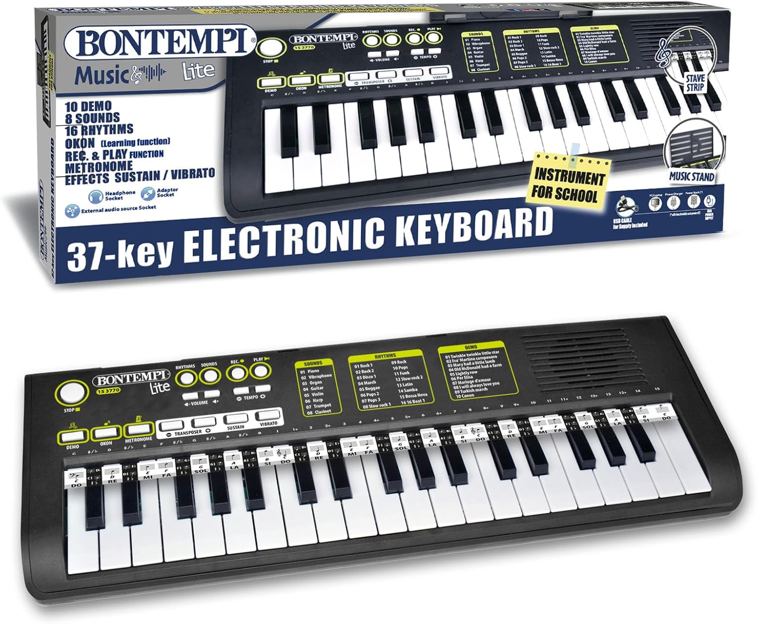 Bontempi | KeyRhythm 37 Keys Digital Keyboard, 2 cm Pitch with Learning Function, Headphone Socket, USB-C, 544 x 184 x 54 mm, for Kids and Beginners
