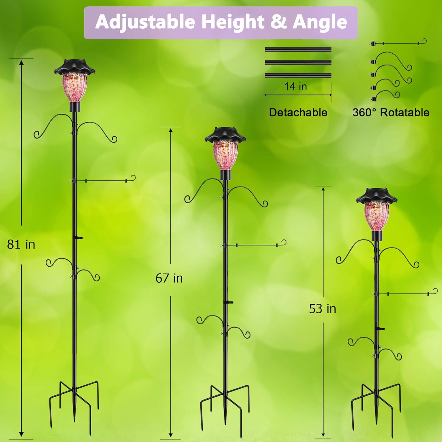 LUJII Solar Shepherds Hooks for Outdoors, Bird Feeder Pole with 4 Adjustable Hangers and 1 Flag Holder, Garden Stand for Hummingbird Feeders, Wind Chimes, Plant Baskets, Lanterns (Purple)