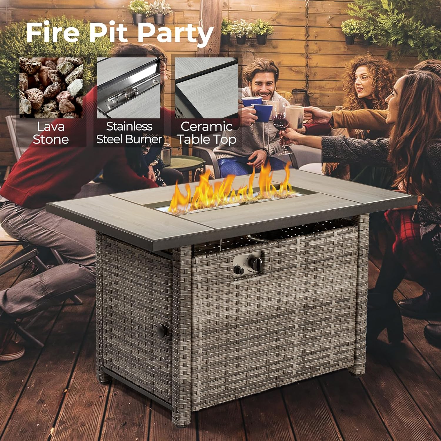 HOOOWOOO Outdoor Patio Furniture Set,15 Pieces Outdoor Sectional Furniture,Wicker Patio Conversation Sets with Fire Pit Tables,Weather Resistant Outside Out Door Modular Furniture,Orange Red